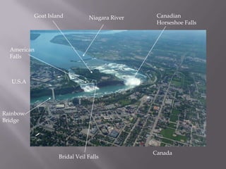 Goat Island          Niagara River    Canadian
                                                Horseshoe Falls



  American
  Falls



  U.S.A




Rainbow
Bridge




                                               Canada
                   Bridal Veil Falls
 