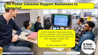 Source: Nordicity’s BRIDGE Report:
D0 Public Libraries Support Businesses in
Ontario?
A 2018 Nordicity study found that,
just our computer users reported that
26% of them were using the library to
start, manage, or grow their
businesses.
So that answer is YES!
 
