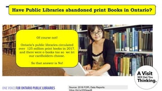 Of course not!
Ontario’s public libraries circulated
over 125 million print books in 2017.
and there were e-books too so we let
our cardholders choose.
So that answer is No!
Have Public Libraries abandoned print Books in Ontario?
Source: 2018 FOPL Data Reports:
https://bit.ly/2DDewd8
 