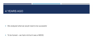 4 YEARS AGO
 We analyzed what we would need to be successful
 To be honest – we had a lot but it was a MESS
 