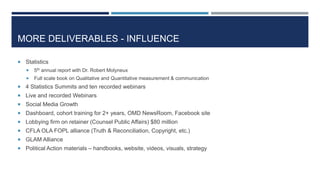 MORE DELIVERABLES - INFLUENCE
 Statistics
 5th annual report with Dr. Robert Molyneux
 Full scale book on Qualitative and Quantitative measurement & communication
 4 Statistics Summits and ten recorded webinars
 Live and recorded Webinars
 Social Media Growth
 Dashboard, cohort training for 2+ years, OMD NewsRoom, Facebook site
 Lobbying firm on retainer (Counsel Public Affairs) $80 million
 CFLA OLA FOPL alliance (Truth & Reconciliation, Copyright, etc.)
 GLAM Alliance
 Political Action materials – handbooks, website, videos, visuals, strategy
 