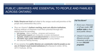 PUBLIC LIBRARIES ARE ESSENTIAL TO PEOPLE AND FAMILIES
ACROSS ONTARIO
 Public libraries are local and adapt to the unique needs and priorities of the
people and communities they serve.
 They are Ontario’s farthest-reaching, most cost-effective institutions,
helping millions of Ontarians reach their potential through self-
improvement by providing:
 Job training – and re-training – programs and resources
 Small business support and community economic development
 Equitable, reliable access to broadband internet in underserviced areas
 Affordable, high-quality children’s programs for young families
 Self-directed, lifelong learning
 It’s no surprise that public libraries are consistently voted by people as one
one of Ontario’s most trusted institutions (Pew Research Center, 2016;
2017; Varheim, 2014)
Did You Know?
 Every year, Ontarians
of all ages make 155
million visits to their
local public library.
 Ontario’s local public
libraries provide
Ontarians with access
to over 250,000
programs
92
 
