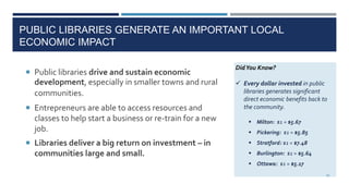PUBLIC LIBRARIES GENERATE AN IMPORTANT LOCAL
ECONOMIC IMPACT
 Public libraries drive and sustain economic
development, especially in smaller towns and rural
communities.
 Entrepreneurs are able to access resources and
classes to help start a business or re-train for a new
job.
 Libraries deliver a big return on investment – in
communities large and small.
DidYou Know?
 Every dollar invested in public
libraries generates significant
direct economic benefits back to
the community.
 Milton: $1 = $5.67
 Pickering: $1 = $5.85
 Stratford: $1 = $7.48
 Burlington: $1 = $5.64
 Ottawa: $1 = $5.17
93
 