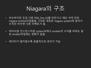 Niagara의 구조
• 비슷하지만 조금 다른 PNS_Fire_02를 만든다고 해도 아까 만든
niagara emitter파일들을 그대로 새로운 niagara system에 넣어서
수치만 바꾸면 다른 이펙트가 됨.
• ...