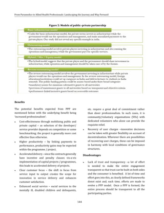 144
From Paramedics to Allied Health Professionals: Landscaping the Journey and Way Forward
Benefits
The potential benefits expected from PPP are
mentioned below with the underlying benefit being
‘increased professionalism’:
●● Cost-effectiveness through mobilizing public and
private capital – as selection of the developer/
service provider depends on competition or some
benchmarking; the project is generally more cost
effective than otherwise.
●● Higher productivity – by linking payments to
performance, productivity gains may be expected
within the programme / project.
●● Accelerateddelivery–sincethecontractsgenerally
have incentive and penalty clauses vis-a-vis
implementation of capital projects / programmes,
this leads to accelerated delivery of projects.
●● Clear customer focus – the shift in focus from
service input to output creates the scope for
innovation in service delivery and enhances
customer satisfaction.
●● Enhanced social service – social services to the
mentally ill, disabled children and delinquents,
Figure 5: Models of public–private partnership
etc. require a great deal of commitment rather
than sheer professionalism. In such cases, it is
community/voluntary organisations (VOs) with
dedicated volunteers who alone can provide the
requisite relief.
●● Recovery of user charges –innovative decisions
can be taken with greater flexibility on account of
decentralisation. Wherever there are possibilities
of recovering user charges, these can be imposed
in harmony with local conditions of governance
structures.
Disadvantages
●● Lack of trust and transparency –a lot of effort
is needed to make the entire engagement
transparent so that trust can be built on both sides
and the consumer is benefited. A lot of time and
effort goes into this, as clearly defined frameworks
donot exist and, each time, efforts are made to
evolve a PPP model. Once a PPP is formed, the
entire process should be transparent to all the
participating parties.
 