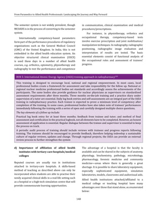 148
From Paramedics to Allied Health Professionals: Landscaping the Journey and Way Forward
The semester system is not widely prevalent, though
MCOAHS is in the process of converting to the semester
system.
Internationally competency-based parameters
form part of the performance procedures of regulatory
organisations such as the General Medical Council
(GMC) of the United Kingdom. In India, this is not
embedded in the allied health education system. An
objective structured clinical examination (OSCE)
is used these days in a number of allied health
courses, e.g. orthotics, optometry, physiotherapy and
radiography to test the performance and competence
BOX 5: International Atomic Energy Agency (IAEA) training approach in radiopharmacy(18)
This training is designed to encourage local, national and regional empowerment. In most cases, local
professional bodies create a framework for assessment and take responsibility for the follow up. National or
regional nuclear medicine professional bodies set standards and accordingly assess the achievements of the
participants. The same bodies also provide guidance for nuclear physicians as supervisors on standardised
assessment requirements after three months. Three months on-the-job training and a practice diary under
supervision of a tutor are essential. Daily log book entries and self-assessments are an integral part of the IAEA
training in radiopharmacy practice. Each trainee is expected to prove a minimum level of competency after
completion of the training. In some cases, professional bodies have also taken note of trainees’ performances
immediately following the training with a series of open and carefully designed multiple choice questions.
The key elements of a follow up include:
Practical log book entry for at least three months; feedback from trainee and tutor; and method of final
assessment and certification In the practical logbook, not all elements have to be completed. However, an honest
assessment of application is essential. Regular dialogue between the trainee and supervisor is essential to keep
the process on track.
A periodic audit process of training should include reviews with trainees and progress reports following
training. The trainees should be encouraged to provide feedback, therefore helping todevelop a sustainable
culture of regular reviews, updates and change. Through regional projects, the IAEA can provide an external
review process to further strengthen the system
d)	 Importance of affiliation of allied health
institutes with tertiary-care hospitals/medical
colleges
Reputed courses are usually run in institutions
attached to tertiary-care hospitals. A skills-based
method of teaching as described above can only be
incorporated when students are able to practise their
newly acquired clinical skills in a real-life setting such
as a hospital or a high-tech simulation centre that will
provide commensurate learning opportunities.
in communication, clinical examination and medical
procedures/prescriptions.
For instance, in physiotherapy, orthotics and
occupational therapy, competency-based tests
involve exercise prescription and joint mobilisation/
manipulation techniques. In radiography, radiographic
positioning, radiographic image evaluation and
interpretation of results are tested. The basic
essential elements consist of functional analysis of
the occupational roles and assessment of trainees’
progress.
The advantage of a hospital is that the faculty is
available and can be shared in the subjects of anatomy,
physiology, biochemistry, pathology, microbiology,
pharmacology, forensic medicine and community
medicine—areas where there is generally a great
shortage. It is possible to share laboratory equipment,
especially sophisticated equipment, simulation
laboratories, models, classrooms and audiovisual aids.
Allied health institutions attached/affiliated to a
medical college or teaching hospital have many
advantages over those that stand alone, as enumerated
below:
 