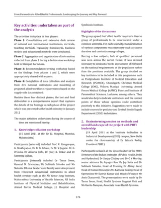 174
From Paramedics to Allied Health Professionals: Landscaping the Journey and Way Forward
Key activities undertaken as part of
the analysis
The activities took place in four phases:
Phase 1: Consultations and extensive desk review
of national and international institutions, curricula,
teaching methods, regulatory frameworks, business
models and educational methods were conducted.
Phase 2: Aggregation and organisation of information
collected from phase 1 during a desk review workshop
held in Manipal, Karnataka.
Phase 3: Recommendation-writing workshop based
on the findings from phases 1 and 2, which were
appropriately shared with experts.
Phase 4: Completion of data collection and analysis
from 276 national institutions and modelling of
projected allied workforce requirements based on the
supply-side data obtained.
Besides these four distinct phases, the last and final
deliverable is a comprehensive report that captures
the details of the findings in each phase of the project
which was presented to the health ministry in January
2012
The major activities undertaken during the course of
time are mentioned hereby:
1.	 Knowledge collation workshop
	 (15 April 2011 at the Sir J.J. Hospital, Mumbai,
Maharashtra)
Participants (external) included Prof. R. Rangasayee,
G. Mukhiyadan, Dr B. D. Athani, Dr M. V. Jagade, Dr G.
D’Costa, Dr Ameeta Joshi, Dr (Col) K. Srikar and Dr
Sammita Jadhav.
Participants (internal) included Dr Tarun Seem,
General M. Srivastava, Dr Subhash Salunke and Ms
Natasha D’Lima. Leaders and faculty were also present
from renowned educational institutions in allied
health services such as the Ali Yawar Jung Institute,
Maharashtra University of Health Sciences, All India
Institute of Physical Medicine and Rehabilitation,
Armed Forces Medical College, J.J. Hospital and
Symbiosis Institute.
Highlights of the discussions
The group agreed that ‘allied health’ required a diverse
group of professionals to be incorporated under a
common umbrella. For each specialty, standardisation
of various components was necessary such as course
duration and curricula among colleges.
Barring a few subjects, lack of qualified personnel
was seen across the sector. Hence, it was deemed
necessary to conduct a ‘needs assessment’ of HR based
on the national requirements of the population rather
than the positions available. The group decided on
key institutes to be included in this programme such
as Postgraduate Institute of Medical Education and
Research (PGIMER), Chandigarh; Christian Medical
College (CMC), Vellore; Manipal University; Armed
Forces Medical College (AFMC), Pune and Institute of
Paramedical Sciences, Lucknow, among others. They
would also help to indicate institutions and the contact
points of those whose opinions could contribute
positively to this initiative. Suggestions were made to
include courses for podiatry and Central Sterile Supply
Department (CSSD) technicians.
2.	 Brainstorming session on methods and
overall landscape of the project with PHFI
leadership
	 (19 April 2011 at the Institute forStudies in
Industrial Development (ISID) campus, New Delhi
under the chairmanship of Dr Srinath Reddy,
President PHFI )
Participants included all the senior leaders of the PHFI;
Directors of the Indian Institutes of Public Health, Delhi
and Hyderabad, Dr Sanjay Zodpey and Dr G V Murthy;
senior advisors Dr Aiyagiri Rao, Dr Jay Satia and Dr
Subhash Salunke, Head of Training Dr Abhay Saraf,
Head of Human Resources Ms Kalpana Swamy, Head of
Operations Mr Suresh Kumar and Head of Finance Mr
Amit Chaturvedi. The presentations were made by Dr
Tarun Seem, Head, Health Systems Support Unit and
Ms Kavita Narayan, Associate Head Health Systems.
 