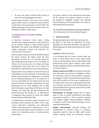 179
●● To assess the quality of allied health courses in
terms of training pedagogy and content.
Twenty experts divided in five teams covered all five
regions of the country to complete the data collection
on the basis of the questionnaire sent by PHFI. The
details pertaining to the process and the results are
indicated in Chapter 3 of this report
13.	Situational review report writing
workshop
A three-day situational review report writing
workshop was organised between 4 and 6 July 2011
by the Manipal College of Allied Health Sciences
(MCOAHS). The faculty from MCOAHS and Medical
College participated actively and undertook the
majority of the writing work.
External experts and those from the MoHFW included
Ms Aparna Sharma, Mr Aditya Goyal, Mr Ajeet
Bharadwaj, Dr Prema K. S., Dr Sammita Jadhav, Dr
Anita Singh, Mr Vineet Kumar, Dr K. P. Aravindan, Dr
Pritish J. K., Dr Ameeta Joshi, Col K Srikar, Mr Ashok
Chandavarkar, Capt. Indira Rani ,Dr J.P. Mishra, Dr
Bipin Batra, B. Paul Ravindran and Col Anurag Salwan.
Representatives from Manipal included the Dean, Dr
V. Rajshekhar, Pro-Vice Chancellor Dr Vinod Bhat and
Medical Superintendent Dr Pulgaonkar, Dr Kaushik
Sau, Dr Shivanand Bhushan, Mr T. Sri Harsha, Dr R.
P. Pai, Dr Shashidhar Rao, Dr Rajesh Sinha, Mr Avik
Ray, Mr Noushad, Dr Ramesh Unnikrishnan, Dr Ayas
Muhammed K.P., Dr Vivek Raghavan M., Dr Sabu
K.M., Dr Abraham Samuel Babu, Dr Krishna Y., Dr Sibi
Oommen, Dr Sunila John, Ms Nilna Narayanan, Ms
SebestinaD’souza, Ms Srinidhi G.C., N. Manikandan,
G. Ranganath, John Solomon M., Veena N.K., Megha,
Saumy Johnson and Ms Dolha Saha.
A comprehensive situational analysis document was
developed which provided the details of the major
courses discussed, competency and skills-based
models, ideal infrastructure requirements to run a
world-class allied health sciences institution, as well
as the use of simulation centres in scaling up these
professionals.
The major contours of the infrastructure discussion
for the national and regional institutes as well as
the hospital in Najafgarh emerged after detailed
brainstorming by Col Anuraag Salwaan, Col Srikar, Dr
Kanav Kahol and Col Sajal Sen.
14.	Final Recommendation writing workshop
(15–16 September 2011, Bristol Hotel, Gurgaon)
i.	 Overall ecosystem
The group comprised the following representatives:
Ms Bhan, Dr Sita Naik, Dr Yogeshwar, Mr Pawan
Choudhary, Dr Prem Nair, Ms Monica Choudhary, Dr
Dileep Mavlankar, Dr Kanav Kahol (post lunch), and Dr
Tarun Seem.
Highlights of the discussions
It was decided that the courses coming under the
ambit of allied health will be called allied health
sciences and practitioners will be called allied health
professionals (4-year degree holders), allied health
providers (diploma holders) and allied health workers
(certificate holders).
Human resources for AHPs: The experts were of the
view that, given the paucity of availability of AHPs,
it is necessary to look at various models to augment
the supply of medical and paramedical professionals
such as PPP models, etc. The scope of deployment of
the health cadre varies due to geographical diversity.
It is, therefore, necessary to look at augmentation of
medical professionals at primary and secondary health
facilities with trained AHPs.
Methodology of training: Experts felt an urgent
need to focus on faculty development and linking
paramedical training to district general hospitals
and medical colleges. Recommendations reflected
in Chapters 3 and 4 have details pertaining to issues
regarding methodology.
Quality improvement: Research funding and
establishment of research centres of excellence
(regional) should be done by ISRO, which should
allocate funding yearly for promoting research
Process of consultations
 