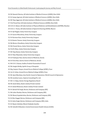 184
From Paramedics to Allied Health Professionals: Landscaping the Journey and Way Forward
24. Mr Ramesh Sharma, All India Institute of Medical Sciences (AIIMS), New Delhi
25. Dr Sanjay Agarwal, All India Institute of Medical Sciences (AIIMS), New Delhi
26. Mr Vijay Aggarwal, All India Institute of Medical Sciences (AIIMS), New Delhi
27. Prof Vinod Paul, All India Institute of Medical Sciences (AIIMS), New Delhi
28. Dr B. D. Athani, All India Institute of Physical Medicine and Rehabilitation (AIIPMR), Mumbai
29. Dr K. S. Prema, All India Institute of Speech & Hearing (AIISH), Mysore
30. Dr Ajit Nagpal, Amity University, Gurgaon
31. Dr Gaurav Bharadwaj, Amity University, Gurgaon
32. Dr Hariman Kaur, Amity University, Gurgaon
33. Dr Kamini Tanwar, Amity University, Gurgaon
34. Ms Monica Chaudhary, Amity University, Gurgaon
35. Ms Pranati Barua, Amity University, Gurgaon
36. Prof R. Bhan, Amity University, Gurgaon
37. Mr Vijay Kumar, Amity University, Gurgaon
38. Dr Vikas Majumdar, Amity University, Gurgaon
39. Dr Prathapan Nair, Amrita School of Medicine, Kerala
40. Dr Prem Nair, Amrita School of Medicine, Kerala
41. Mr B. N. S. Kumar, Andhra Pradesh Paramedical Council
42. Ms Sangita Reddy, Apollo Group of Hospitals
43. Brg. Sanjeev Chopra, Armed Forces Medical College (AFMC), Pune
44. Col. K. Srikar, Armed Forces Medical College (AFMC), Pune
45. Mr Ajeet Bhardwaj, Asia-Pacific Council of Optometry; World Council of Optometry
46. Mr Jonathan Lance, Aspiron Consulting Pvt. Ltd.
47. Mr S. S. Bajaj, Atomic Energy Regulatory Board
48. Mr Anish Bafna, Baxter (India) Private Limited
49. Dr Ashok Moharana, Baxter (India) Private Limited
50. Dr Adrash Pal Singh, Becton, Dickinson and Company (BD)
51. Ms Lalita Shankar, Becton, Dickinson and Company (BD)
52. Mr Manoj Gopalakrishna, Becton, Dickinson and Company (BD)
53. Dr Ritu Duggal, Becton, Dickinson and Company (BD)
54. Dr Anita Singh, Becton, Dickinson and Company (BD), India
55. Dr Shyam Ashtekar, Bharat Vaidyaka Sanstha
56. Mr Subodh K Khanduri, Central Government Health Scheme (CGHS)
 