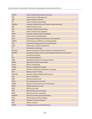 196
From Paramedics to Allied Health Professionals: Landscaping the Journey and Way Forward
IGNOU Indira Gandhi National Open University
IIM Indian Institute of Management
IISC Indian Institute of Science
IIT Indian Institute of Technology
IMSBHU Institute of Medical Sciences- Banaras Hindu University
INC Indian Nursing Council
INI Institutes of National Importance
INR Indian national rupee [singular]
IPHH Institute of Public Health and Hygiene
IPHS Indian Public Health Standards
ISCO International Standard Classification of Occupations
ISM&H Indian Systems of Medicine and Homoeopathy
ISO International Organisation for Standardisation
ISRO Indian space research organization
IT Information technology
J&J-EISE Johnson and Johnson Ethicon Institute of Surgical Education
JIPMER Jawaharlal Institute of Post Graduate Medical Education and Research
JJ Jamshetjee Jejeebhoy
JSR Jan Swasthya Rakshak
KEM King Edwards Memorial Hospital, Mumbai
KPMG Klynveld Peat Marwick Goerdeler
M.Phil Master of Philosophy
MAMC Maulana Azad Medical College
MBBS Bachelor of Medicine and Bachelor of Surgery
MCI Medical Council of India
MCOAHS Manipal College of Allied Health Sciences
MD Doctor of medicine
MEU Medical education unit
MGR M.G. Ramachandra university
MHRD Ministry of Human Resources Development
MICU Mobile intensive care unit
MLP Mid-level provider
MLT Medical laboratory technology
MMS Mini mental state examination
MoHFW Ministry of Health and Family Welfare
MoU Memorandum of understanding
MRI Magnetic resonance imaging
MSc Master of science
MUHS Manipal University of Health Sciences
 