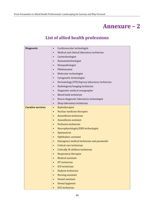40
From Paramedics to Allied Health Professionals: Landscaping the Journey and Way Forward
Annexure – 2
List of allied health professions
Diagnostic •	 Cardiovascular technologist
•	 Medical and clinical laboratory technician
•	 Cytotechnologist
•	 Haematotechnologist
•	 Histopathologist
•	 Phlebotomist
•	 Molecular technologist
•	 Cytogenetic technologist
•	 Dermatology/STD/leprosy laboratory technician
•	 Radiological/imaging technician
•	 Diagnostic medical sonographer
•	 Blood bank technician
•	 Neuro-diagnostic laboratory technologist
•	 Sleep laboratory technician
Curative services •	 Radiotherapist
•	 Nuclear medicine therapist
•	 Anaesthesia technician
•	 Anaesthesia assistant
•	 Perfusion technician
•	 Neurophysiologist/END technologist
•	 Optometrist
•	 Ophthalmic assistant
•	 Emergency medical technician and paramedic
•	 Critical care technician
•	 Critically ill children technician
•	 Respiratory therapist
•	 Medical assistant
•	 OT technician
•	 ICU technician
•	 Dialysis technician
•	 Nursing assistant
•	 Dental assistant
•	 Dental hygienist
•	 ECG technician
 