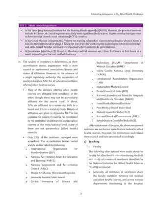 77
BOX 2: Trends in teaching pattern
•	 At Ali Yavar Jang National Institute for the Hearing Handicapped (AYJNIHH), Mumbai, the practical sessions
include 4–5 hours of clinical exposure on a daily basis right from the first year. Supervision by the supervisor
is done through closed circuit television (CCTV) cameras.
•	 At Christian Medical College (CMC), Vellore the training is based on classroom teaching for about 3 hours a
day and clinical training for about 6 hours per day. A weekly workshop list is developed which is knowledge-
and skills-based. Regular seminars are organised where students do presentations.
•	 At Jamshetjee Jejeebhoy (JJ) Hospital, Mumbai practical sessions vary from 2–3 hours to 5–6 hours in a
week, depending on the load on the laboratory.
ix.	 The quality of institutes is determined by their
accreditation status, registration with a state
council or professional associations/boards and
status of affiliation. However, in the absence of
a single regulatory authority, the parameters of
quality education differ for all education institutes
offering allied health courses.
•	 Most of the colleges offering allied health
courses are affiliated with somebody or the
other, though these may not be particularly
affiliated for the course itself. Of these,
52% are affiliated to a university, 46% to a
board and 1% to a statutory body. Details of
affiliation are given in Appendix 10. The list
contains the names of councils (as mentioned
by the institutes) which register and recognise
courses at the state/national level. Many of
these are not paramedical (allied health)
councils.
•	 Only 25% of the institutes surveyed were
accredited. The accreditation bodies varied
widely and included the following:
●● International Organisation for
Standardisation (ISO)
●● National Accreditation Board for Education
and Training (NABET)
●● National Assessment and Accreditation
Council (NAAC)
●● Bharat SevaSamaj, Thiruvananthapuram
●● Jammu & Kashmir Government
●● Cochin University of Science and
Technology (CUSAT) Department of
Medical Education (DME)
●● Indira Gandhi National Open University
(IGNOU)
●● International Accreditation Organisation
(IAO)
●● Maharashtra Medical Council
●● Dental Council of India (DCI)
●● National Accreditation Board for Hospitals
and Healthcare Providers (NABH)
●● HomiBhabha National Institute
●● Para Medical Board, Hyderabad
●● Medical Council of India (MCI)
●● National Board of Examinations (NBE)
●● Rehabilitation Council of India (RCI).
Inthestrictsenseoftheterm,theabove-mentioned
institutes are not formal accreditation bodies for allied
health courses. However, the institutions understand
them as such and have responded accordingly.
c)	Teaching
i.	 Faculty
	 The following observations were made about the
faculty for allied health education during the field
visit study of centres of excellence identified by
the National Initiative for Allied Health Sciences
(NIAHS) secretariat:
•	 Generally, all institutes of excellence share
the faculty members between the medical
and allied health courses, and across various
departments functioning in the hospital.
Estimating imbalances in the Allied Health Workforce
 