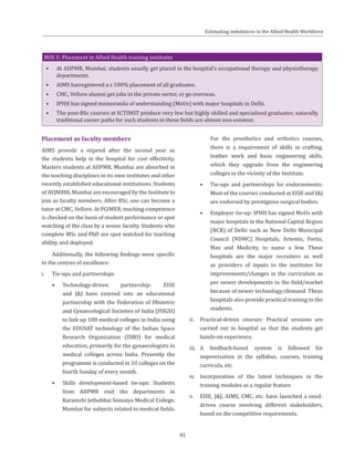 81
BOX 5: Placement in Allied Health training institutes
•	 At AIIPMR, Mumbai, students usually get placed in the hospital’s occupational therapy and physiotherapy
departments.
•	 AIMS hasregistered a s 100% placement of all graduates.
•	 CMC, Vellore alumni get jobs in the private sector, or go overseas.
•	 IPHH has signed memoranda of understanding (MoUs) with major hospitals in Delhi.
•	 The post-BSc courses at SCTIMST produce very few but highly skilled and specialised graduates; naturally,
traditional career paths for such students in these fields are almost non-existent.
Placement as faculty members
AIMS provide a stipend after the second year as
the students help in the hospital for cost effectivity.
Masters students at AIIPMR, Mumbai are absorbed in
the teaching disciplines in its own institutes and other
recently established educational institutions. Students
of AYJNIHH, Mumbai are encouraged by the Institute to
join as faculty members. After BSc, one can become a
tutor at CMC, Vellore. At PGIMER, teaching competence
is checked on the basis of student performance or spot
watching of the class by a senior faculty. Students who
complete MSc and PhD are spot watched for teaching
ability, and deployed.
Additionally, the following findings were specific
to the centres of excellence:
i.	 Tie-ups and partnerships
•	 Technology-driven partnership: EISE
and J&J have entered into an educational
partnership with the Federation of Obstetric
and Gynaecological Societies of India (FOGSI)
to link up 100 medical colleges in India using
the EDUSAT technology of the Indian Space
Research Organization (ISRO) for medical
education, primarily for the gynaecologists in
medical colleges across India. Presently the
programme is conducted in 10 colleges on the
fourth Sunday of every month.
•	 Skills development-based tie-ups: Students
from AIIPMR visit the departments in
Karamshi Jethabhai Somaiya Medical College,
Mumbai for subjects related to medical fields.
For the prosthetics and orthotics courses,
there is a requirement of skills in crafting,
leather work and basic engineering skills,
which they upgrade from the engineering
colleges in the vicinity of the Institute.
•	 Tie-ups and partnerships for endorsements:
Most of the courses conducted at EISE and J&J
are endorsed by prestigious surgical bodies.
•	 Employer tie-up: IPHH has signed MoUs with
major hospitals in the National Capital Region
(NCR) of Delhi such as New Delhi Municipal
Council (NDMC) Hospitals, Artemis, Fortis,
Max and Medicity, to name a few. These
hospitals are the major recruiters as well
as providers of inputs to the institutes for
improvements/changes in the curriculum as
per newer developments in the field/market
because of newer technology/demand. These
hospitals also provide practical training to the
students.
ii.	 Practical-driven courses: Practical sessions are
carried out in hospital so that the students get
hands-on experience.
iii.	 A feedback-based system is followed for
improvisation in the syllabus, courses, training
curricula, etc.
iv.	 Incorporation of the latest techniques in the
training modules as a regular feature
v.	 EISE, J&J, AIMS, CMC, etc. have launched a need-
driven course involving different stakeholders,
based on the competitive requirements.
Estimating imbalances in the Allied Health Workforce
 