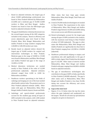 86
From Paramedics to Allied Health Professionals: Landscaping the Journey and Way Forward
i	 Based on adjusted estimates, the largest gap of
about 23,000 ophthalmology professionals was
found in Uttar Pradesh followed by Maharashtra
(12,600) and a moderate gap of 10,300–12,000
workers in Bihar and West Bengal. Andhra
Pradesh was found to have the fifth-largest gap
based on adjusted estimates (9,100).
ii	 Thegapofrehabilitation-relatedprofessionalswas
the second largest among all the AHP categories
included in this analysis. Based on efficiency and
access adjustments, gaps were found in Uttar
Pradesh, Bihar, West Bengal, Maharashtra and
Andhra Pradesh in large numbers ranging from
2,40,800 to 1,08,100 workers per state.
iii	 Results based on adjusted indices showed the
largest gap of 34,600 workers for surgical and
intervention technologies in Uttar Pradesh.
Moderate gaps in the range of 18,000 to 19,300
were found in Maharashtra and Bihar. West Bengal
and Andhra Pradesh had gaps in the range of
14,400 to 15,700.
iv	Medical laboratory technicians are needed
mostly in Uttar Pradesh of the order of 12,200
professionals (adjusted). Adjusted estimates
obtained ranged from 6,500 to 4,500 for
Maharashtra and Bihar.
v	 Healthcare workers specialising in the fields of
radiology and imaging are one of the least needed
allied health cadrein India. The greatest need is in
Uttar Pradesh (adjusted estimate 3,600). Other
states with gaps are Maharashtra, Bihar, West
Bengal, Andhra Pradesh, Gujarat, Assam and Delhi.
vi	 Audiology- and speech-related professionals
account for the smallest gap among all types of
AHPs included in this analysis, with 1,500 needed
in Uttar Pradesh based on adjusted estimates.
Other states that have large gaps include
Maharashtra, Bihar, West Bengal, Tamil Nadu and
Andhra Pradesh.
vii	 A total of 39,300 medical technologists are needed
in Uttar Pradesh. The requirement in the states
of Maharashtra, Bihar, West Bengal and Andhra
Pradesh range between 16,500 and 22,000, taking
into account access and efficiency parameters.
viii	Dental technologists account for the largest gap
among all types of AHPs included in this analysis,
with the maximum need being in Uttar Pradesh
of about 3,37,400 (adjusted). The gaps in other
states like Maharashtra, Bihar, West Bengal and
Andhra Pradesh are significantly less than that in
Uttar Pradesh, ranging from 1,42,900 to 1,90,000
(adjusted).
ix	 Healthcare professionals helping in surgery and
anaesthesia also add significantly to the gap of
AHPs in India. Again, Uttar Pradesh has the largest
gap of 1,42,100. Other states of interest include
Maharashtra, Bihar, West Bengal and Andhra
Pradesh with gaps ranging from 60,000 to 80,000
based on adjusted estimates.
x	 The gap of miscellaneous technologists also
contributes to the gap of AHPs in India, specifically
in Uttar Pradesh (1,68,000 adjusted). The gap in
other states such as Maharashtra, Bihar, West
Bengal and Andhra Pradesh is less than 94,100,
taking into account the efficiency and access
adjustment factors.
c)	 Gaps at the state level
●● Figures 11 to 13 below show the top five states
where the gaps (adjusted and unadjusted) are
the largest. Results for all states by specialisation
categories are given in Annexure 5.
 