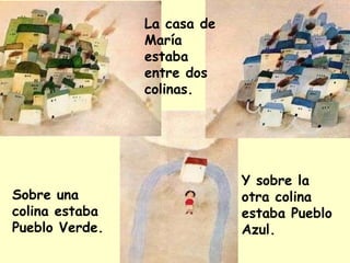 Sobre una colina estaba Pueblo Verde. Y sobre la otra colina estaba Pueblo Azul. La casa de María estaba entre dos colinas. 