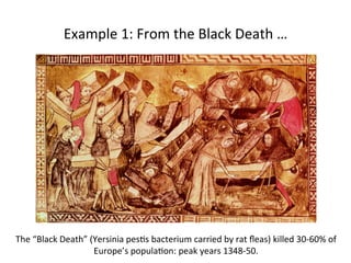 Example 
1: 
From 
the 
Black 
Death 
… 
The 
“Black 
Death” 
(Yersinia 
pes5s 
bacterium 
carried 
by 
rat 
fleas) 
killed 
30-­‐60% 
of 
Europe’s 
popula5on: 
peak 
years 
1348-­‐50. 
 