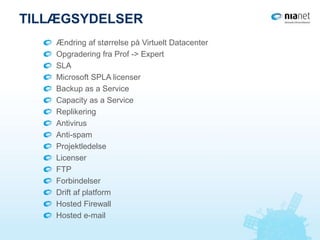 TILLÆGSYDELSER
Ændring af størrelse på Virtuelt Datacenter
Opgradering fra Prof -> Expert
SLA
Microsoft SPLA licenser
Backup as a Service
Capacity as a Service
Replikering
Antivirus
Anti-spam
Projektledelse
Licenser
FTP
Forbindelser
Drift af platform
Hosted Firewall
Hosted e-mail
 