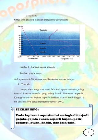 5.eksosfer.
Untuk lebih jelasnya, silahkan lihat gambar di bawah ini
Gambar 1.1 Lapisan-lapisan atmosfer
Sumber : google image
Nah, ayo untuk lebih jelasnya mari kita bahas satu per satu ya….
1. Troposfer
Hayo, siapa yang tahu nama lain dari lapisan atmosfer paling
bawah? Lapisan atmosfer yang paling bawah dinamakan troposfer.
Ketinggian rata-rata lapisan troposfer berkisar 8 km di kutub hingga 12
km di katulistiwa, dengan temperatur sekitar –50°C.
11
SEKILAS INFO :
Pada lapisan troposfer ini seringkali terjadi
gejala-gejala cuaca seperti hujan, petir,
pelangi, awan, angin, dan lain-lain.
7
 
