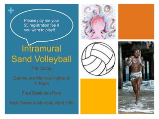 Intramural Sand Volleyball The OctopiGames are Monday nights at 7:10pm Fred Beekman ParkNext Game is Monday, April 19thPlease pay me your $5 registration fee if you want to play!!