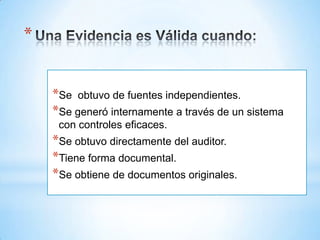 *


    *Se obtuvo de fuentes independientes.
    *Se generó internamente a través de un sistema
     con controles eficaces.
    *Se obtuvo directamente del auditor.
    *Tiene forma documental.
    *Se obtiene de documentos originales.
 