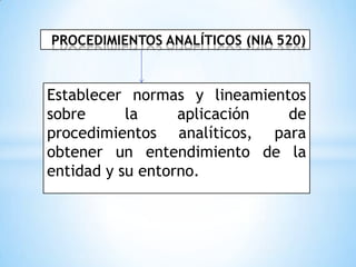 PROCEDIMIENTOS ANALÍTICOS (NIA 520)


Establecer normas y lineamientos
sobre      la     aplicación  de
procedimientos analíticos, para
obtener un entendimiento de la
entidad y su entorno.
 