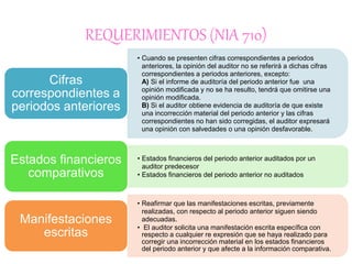 REQUERIMIENTOS (NIA 710)
• Cuando se presenten cifras correspondientes a periodos
anteriores, la opinión del auditor no se referirá a dichas cifras
correspondientes a periodos anteriores, excepto:
A) Si el informe de auditoría del periodo anterior fue una
opinión modificada y no se ha resulto, tendrá que omitirse una
opinión modificada.
B) Si el auditor obtiene evidencia de auditoría de que existe
una incorrección material del periodo anterior y las cifras
correspondientes no han sido corregidas, el auditor expresará
una opinión con salvedades o una opinión desfavorable.
Cifras
correspondientes a
periodos anteriores
• Estados financieros del periodo anterior auditados por un
auditor predecesor
• Estados financieros del periodo anterior no auditados
Estados financieros
comparativos
• Reafirmar que las manifestaciones escritas, previamente
realizadas, con respecto al periodo anterior siguen siendo
adecuadas.
• El auditor solicita una manifestación escrita específica con
respecto a cualquier re expresión que se haya realizado para
corregir una incorrección material en los estados financieros
del periodo anterior y que afecte a la información comparativa.
Manifestaciones
escritas
 