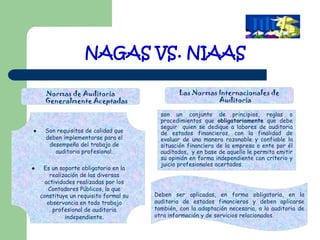 NAGAS VS. NIAAS

     Normas de Auditoria                         Las Normas Internacionales de
     Generalmente Aceptadas                                 Auditoria

                                          son un conjunto de principios, reglas o
                                          procedimientos que obligatoriamente que debe
                                          seguir quien se dedique a labores de auditoria
    Son requisitos de calidad que        de estados financieros, con la finalidad de
     deben implementarse para el          evaluar de una manera razonable y confiable la
      desempeño del trabajo de            situación financiera de la empresa o ente por él
        auditoria profesional.            auditados, y en base de aquello le permita emitir
                                          su opinión en forma independiente con criterio y
                                          juicio profesionales acertados.
    Es un soporte obligatorio en la
        realización de las diversas
      actividades realizadas por los
       Contadores Públicos, lo que
    constituye un requisito formal su   Deben ser aplicadas, en forma obligatoria, en la
       observancia en todo trabajo      auditoria de estados financieros y deben aplicarse
         profesional de auditoria       también, con la adaptación necesaria, a la auditoria de
              independiente.            otra información y de servicios relacionados.
 