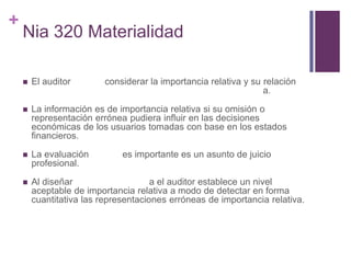 +
    Nia 320 Materialidad

       El auditor        considerar la importancia relativa y su relación
                   ...