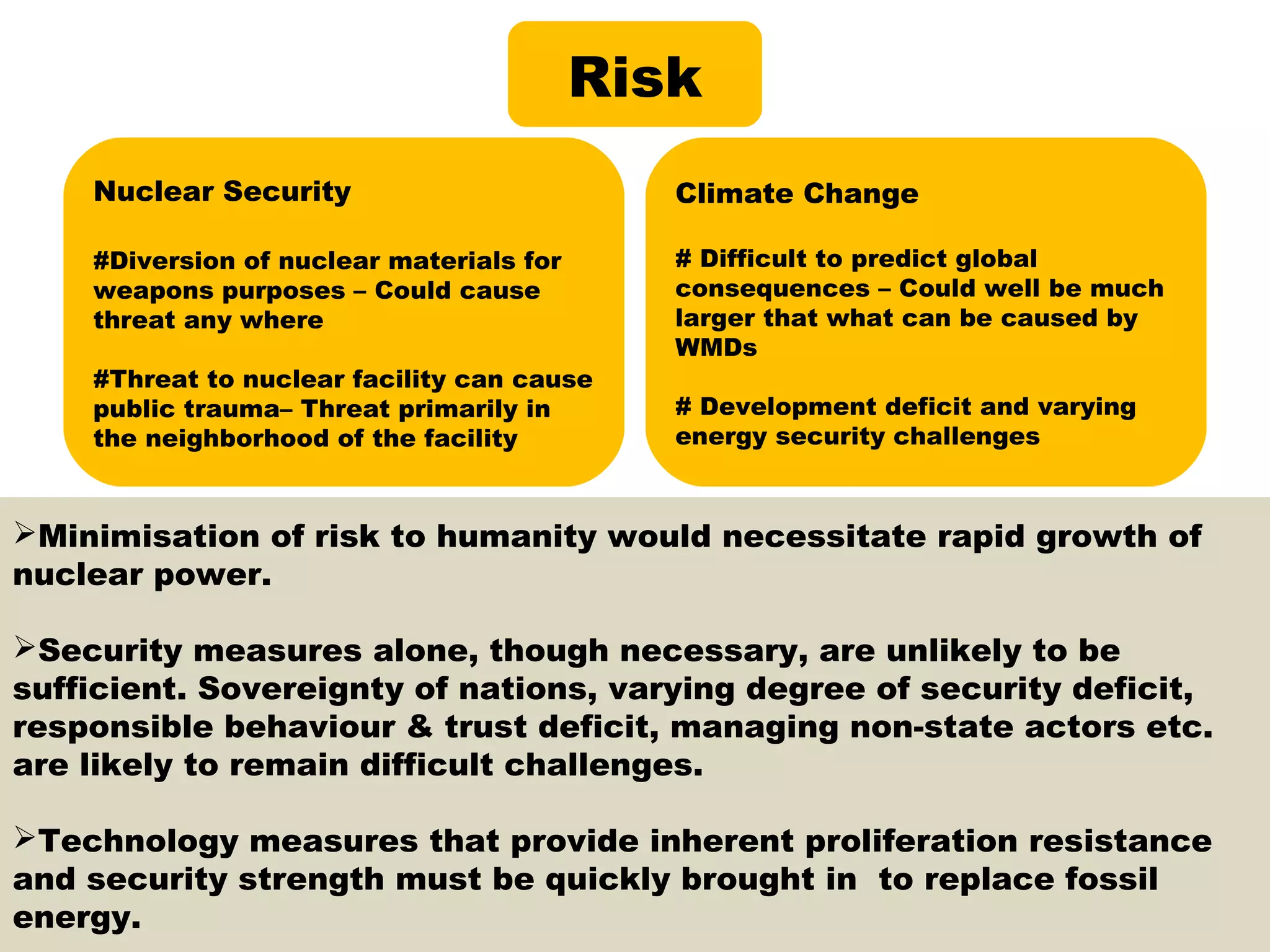 Risk
    Nuclear Security                         Climate Change

    #Diversion of nuclear materials for      # Difficult to predict global
    weapons purposes – Could cause           consequences – Could well be much
    threat any where                         larger that what can be caused by
                                             WMDs
    #Threat to nuclear facility can cause
    public trauma– Threat primarily in       # Development deficit and varying
    the neighborhood of the facility         energy security challenges



Minimisation of risk to humanity would necessitate rapid growth of
nuclear power.

Security measures alone, though necessary, are unlikely to be
sufficient. Sovereignty of nations, varying degree of security deficit,
responsible behaviour & trust deficit, managing non-state actors etc.
are likely to remain difficult challenges.

Technology measures that provide inherent proliferation resistance
and security strength must be quickly brought in to replace fossil
energy.
 