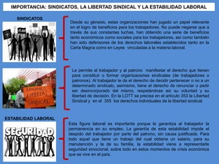 IMPORTANCIA: SINDICATOS, LA LIBERTAD SINDICAL Y LA ESTABILIDAD LABORAL
ESTABILIDAD LABORAL
Desde su génesis, estas organizaciones han jugado un papel relevante
en el logro de beneficios para los trabajadores. No puede negarse que a
través de sus constantes luchas, han obtenido una serie de beneficios
tanto económicos como sociales para los trabajadores, así como también
han sido defensores de los derechos laborales establecidos tanto en la
Carta Magna como en Leyes vinculadas a la materia laboral.
SINDICATOS
Le permite al trabajador y al patrono manifestar el derecho que tienen
para constituir o formar organizaciones sindicales (de trabajadores o
patronos). Al trabajador le da el derecho de decidir pertenecer o no a un
determinado sindicato, asimismo, tiene el derecho de renunciar o pedir
ser desincorporado del mismo, respetándose así su voluntad y su
libertad de decisión. En la LOTT se precisa en el artículo 353 la Libertad
Sindical y en el 355 los derechos individuales de la libertad sindical.
Esta figura laboral es importante porque le garantiza al trabajador la
permanencia en su empleo. La garantía de esta estabilidad impide el
despido del trabajador por parte del patrono, sin causa justificada. Para
todo aquel que tiene un trabajo del cual obtiene un salario, para su
manutención y la de su familia, la estabilidad viene a representarle
seguridad emocional, sobre todo en estos momentos de crisis económica
que se vive en el país.
 