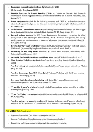  Pearsonon-campustrainingbyAlisonDavis,September2013
 SDCInserviceTraining,April2013
 Pearson American Curriculum Training (PACT) by Pearson on Common Core Standards
embedded in Pearson suggested curricula as well as better effective use of Pearson resources; Dubai,
October2012
 Focus group seminars held by the Emirati government and KHDA in collaboration with other
educational organisational groups for discussion, assessment, and planning for a better education in
UAE;Dubai,2012
 Workshop on Common Core Standards: how to integrate within the curriculum and how to apply
thesestandardswithinsubjectmaterialbyKevinSimpson;Mirdiff,Dubai,January2012
 Internal training sessions by SDC, School Development Consultancy, a partner in school
management of PPS, Philadelphia Private School, about classroom management, class set up,
methodologiesandassessments,specialneedsandbehaviouralcases,lessonplanningandothers;PPS,
Dubai,(2010-2012)
 How to discretely teach Creativity: workshop by Dr, Edward Burger(America’s best math teacher,
MAAaward,...)sponsoredbyHoughtonMifflinHarcourt;Garhoud,Dubai,March2011
 Leadership In The Early Years; workshop by Arabian Child Education Consultants; British
University,Dubai(December2010)
 AdvancEDExcellenceinEducation2010GlobalConference;AlAin,UAE;(November6,2010)
 Mind Mapping Technique Certificate from Tony Buzan workshop; Arabian Ranches, Dubai (May,
2008)
 Teacher training workshops in Dubai at Magrudy by Bonnie Tsai, a teacher trainer from Pilgrims;
(May 3,2008)
 Teacher Knowledge Test (TKT- 3 modules) Training Workshop with the British Council;
Lebanon (10 to 21 July,2007)
 Hermann Brain Dominance Workshop with Roshod for Human Management and
Development (Roshod HMD); Lebanon (March 10, 2007).
 ‘Train The Trainer’ workshop, by Keith Mitchel (international trainer from USA in Middle
East Region), (January 2006)
 ‘Train The Trainer’ workshop with Ingrid Khorchid, trainer at the British Council in Lebanon, (25
to 29 July, 2005)
 Teacher trainer workshop in London, a 10-day tour to Northern and Western schools and
universities; British Council in collaboration with Lebanese Government (October 2005)
*IT Skills:Well-Proficient in:
- Microsoft Applications (word, excel, power point, excel ..);
- Internet Applications (blogs, Facebook, twitter, Instagram, LinkedIn, ..)
- Educational technology applications (using digital educational products)
 