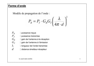 Forme d’onde 
Modèle de propagation de l’onde : 
PR : puissance reçue 
PT : puissance transmise 
GR : gain de l’antenne à la réception 
GT : gain de l’antenne à l’émission 
λ : longueur de l’onde transmise 
d : distance émetteur-récepteur 
le canal radio-mobile 7 
 