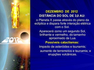 DEZEMBRO  DE  2012   DISTÂNCIA DO SOL DE 3,0 AU:   o Planeta X passa através do plano da eclíptica e dispara forte interação elétrica com o Sol.  Aparecerá como um segundo Sol, brilhante e vermelho, do tamanho aproximado da Lua. Possíveis cataclismas:   Impacto de asteróides e tsunamis; aumento de terremotos e tsunamis; e erupções vulcânicas. 