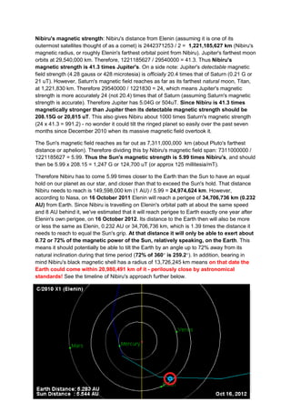 Nibiru's magnetic strength: Nibiru's distance from Elenin (assuming it is one of its
outermost satellites thought of as a comet) is 2442371253 / 2 = 1,221,185,627 km (Nibiru's
magnetic radius, or roughly Elenin's farthest orbital point from Nibiru). Jupiter's farthest moon
orbits at 29,540,000 km. Therefore, 1221185627 / 29540000 = 41.3. Thus Nibiru's
magnetic strength is 41.3 times Jupiter's. On a side note: Jupiter's detectable magnetic
field strength (4.28 gauss or 428 microtesia) is officially 20.4 times that of Saturn (0.21 G or
21 uT). However, Saturn's magnetic field reaches as far as its farthest natural moon, Titan,
at 1,221,830 km. Therefore 29540000 / 1221830 = 24, which means Jupiter's magnetic
strength is more accurately 24 (not 20.4) times that of Saturn (assuming Saturn's magnetic
strength is accurate). Therefore Jupiter has 5.04G or 504uT. Since Nibiru is 41.3 times
magnetically stronger than Jupiter then its detectable magnetic strength should be
208.15G or 20,815 uT. This also gives Nibiru about 1000 times Saturn's magnetic strength
(24 x 41.3 = 991.2) - no wonder it could tilt the ringed planet so easily over the past seven
months since December 2010 when its massive magnetic field overtook it.

The Sun's magnetic field reaches as far out as 7,311,000,000 km (about Pluto's farthest
distance or aphelion). Therefore dividing this by Nibiru's magnetic field span: 7311000000 /
1221185627 = 5.99. Thus the Sun's magnetic strength is 5.99 times Nibiru's, and should
then be 5.99 x 208.15 = 1,247 G or 124,700 uT (or approx 125 millitesia/mT).

Therefore Nibiru has to come 5.99 times closer to the Earth than the Sun to have an equal
hold on our planet as our star, and closer than that to exceed the Sun's hold. That distance
Nibiru needs to reach is 149,598,000 km (1 AU) / 5.99 = 24,974,624 km. However,
according to Nasa, on 16 October 2011 Elenin will reach a perigee of 34,706,736 km (0.232
AU) from Earth. Since Nibiru is travelling on Elenin's orbital path at about the same speed
and 8 AU behind it, we've estimated that it will reach perigee to Earth exactly one year after
Elenin's own perigee, on 16 October 2012. Its distance to the Earth then will also be more
or less the same as Elenin, 0.232 AU or 34,706,736 km, which is 1.39 times the distance it
needs to reach to equal the Sun's grip. At that distance it will only be able to exert about
0.72 or 72% of the magnetic power of the Sun, relatively speaking, on the Earth. This
means it should potentially be able to tilt the Earth by an angle up to 72% away from its
natural inclination during that time period (72% of 360 is 259.2). In addition, bearing in
mind Nibiru's black magnetic shell has a radius of 13,726,245 km means on that date the
Earth could come within 20,980,491 km of it - perilously close by astronomical
standards! See the timeline of Nibiru's approach further below.
 