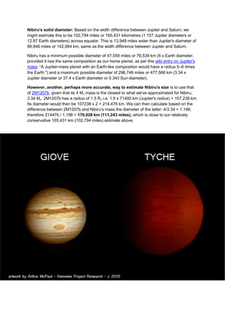 Nibiru's solid diameter: Based on the width difference between Jupiter and Saturn, we
might estimate this to be 102,794 miles or 165,431 kilometres (1.157 Jupiter diameters or
12.97 Earth diameters) across equator. This is 13,948 miles wider than Jupiter's diameter of
88,846 miles or 142,984 km, same as the width difference between Jupiter and Saturn.

Nibiru has a minimum possible diameter of 47,559 miles or 76,539 km (6 x Earth diameter,
provided it has the same composition as our home planet, as per this wiki entry on Jupiter's
mass: "A Jupiter-mass planet with an Earth-like composition would have a radius 5–6 times
the Earth.") and a maximum possible diameter of 296,746 miles or 477,566 km (3.34 x
Jupiter diameter or 37.4 x Earth diameter or 0.343 Sun diameter).

However, another, perhaps more accurate, way to estimate Nibiru's size is to use that
of 2M1207b, given that its 4 MJ mass is the closest to what we've approximated for Nibiru,
3.34 MJ. 2M1207b has a radius of 1.5 RJ i.e. 1.5 x 71492 km (Jupiter's radius) = 107,238 km.
Its diameter would then be 107238 x 2 = 214,476 km. We can then calculate based on the
difference between 2M1207b and Nibiru's mass the diameter of the latter: 4/3.34 = 1.198;
therefore 214476 / 1.198 = 179,028 km (111,243 miles), which is close to our relatively
conservative 165,431 km (102,794 miles) estimate above.
 