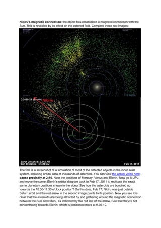 Nibiru's magnetic connection: the object has established a magnetic connection with the
Sun. This is revealed by its effect on the asteroid field. Compare these two images:




The first is a screenshot of a simulation of most of the detected objects in the inner solar
system, including orbital data of thousands of asteroids. You can view the actual video here -
pause precisely at 2:16. Note the positions of Mercury, Venus and Elenin. Now go to JPL
and move the comet Elenin's orbital diagram back to Feb 17, 2011 to replicate the exact
same planetary positions shown in the video. See how the asteroids are bunched up
towards the 10.30-11.30 o'clock position? On this date, Feb 17, Nibiru was just outside
Saturn orbit and the red arrow in the second image points to its position. Now you see it is
clear that the asteroids are being attracted by and gathering around the magnetic connection
between the Sun and Nibiru, as indicated by the red line of the arrow. See that they're not
concentrating towards Elenin, which is positioned more at 9.30-10.
 