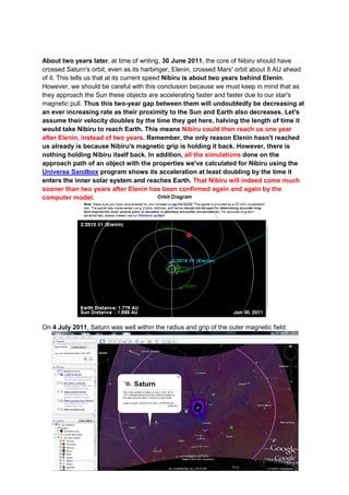 About two years later, at time of writing, 30 June 2011, the core of Nibiru should have
crossed Saturn's orbit, even as its harbinger, Elenin, crossed Mars' orbit about 8 AU ahead
of it. This tells us that at its current speed Nibiru is about two years behind Elenin.
However, we should be careful with this conclusion because we must keep in mind that as
they approach the Sun these objects are accelerating faster and faster due to our star's
magnetic pull. Thus this two-year gap between them will undoubtedly be decreasing at
an ever increasing rate as their proximity to the Sun and Earth also decreases. Let's
assume their velocity doubles by the time they get here, halving the length of time it
would take Nibiru to reach Earth. This means Nibiru could then reach us one year
after Elenin, instead of two years. Remember, the only reason Elenin hasn't reached
us already is because Nibiru's magnetic grip is holding it back. However, there is
nothing holding Nibiru itself back. In addition, all the simulations done on the
approach path of an object with the properties we've calculated for Nibiru using the
Universe Sandbox program shows its acceleration at least doubling by the time it
enters the inner solar system and reaches Earth. That Nibiru will indeed come much
sooner than two years after Elenin has been confirmed again and again by the
computer model.




On 4 July 2011, Saturn was well within the radius and grip of the outer magnetic field.
 