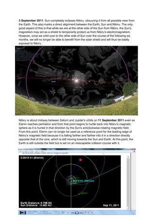 3 September 2011: Sun completely eclipses Nibiru, obscuring it from all possible view from
the Earth. This also marks a direct alignment between the Earth, Sun and Nibiru. The only
good aspect of this is that while we are at the other side of the Sun from Nibiru, the Sun's
magnetism may act as a shield to temporarily protect us from Nibiru's electromagnetism.
However, once we orbit over to the other side of Sun over the course of the following six
months, we will no longer be able to benefit from the solar shield and will thus be totally
exposed to Nibiru.




Nibiru is about midway between Saturn and Jupiter's orbits on 11 September 2011 even as
Elenin reaches perihelion and from that point begins to hurtle back into Nibiru's magnetic
sphere as it is hurled in that direction by the Sun's anticlockwise-rotating magnetic field.
From this point, Elenin can no longer be used as a reference point for the leading edge of
Nibiru's magnetic field because it is falling farther and farther into it in a direction directly
opposite that of the core, which is still moving towards the Sun and Earth. At this point, the
Earth is still outside the field but is set on an inescapable collision course with it.
 