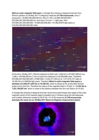 Nibiru's outer magnetic field span: in Google Sky drawing a diagonal line/ruler from
Elenin's position on 28 May 2011 to Regulus measures 21,740 arcseconds; since 1
arcsecond = 30,856,780,000,000 km, then 21,740 x 30,856,780,000,000 =
670,826,397,200,000,000 km; and since 10 tr km = 1 light year, then
670,826,397,200,000,000 / 10,000,000,000,000 = 67,082.63972 light years or
416,832,000,000,000,000 miles.




At the time, 28 May 2011, Elenin's distance to Earth was 1.836 AU or 274,661,928 km (i.e.
1.836 x 149,598,000 km (1 AU or Earth-Sun distance) or 92,955,888 miles. Therefore
670,826,397,200,000,000 / 274661928 = 2,442,371,253 km or 1,517,619,137 miles or
16.326 AU or 0.000244 light years. Therefore Nibiru's entire magnetic field spans a
diameter of 2,442,371,253 km or 16.326 AU, which is almost as far as the New Horizon
probe is from the Sun. Therefore the radius of the magnetic field is 16.326 / 2 = 8.163 AU or
1,221,185,627 km, which is close to the distance between the Sun and Saturn (9-10 AU).

In Google Sky drawing a diagonal line/ruler across the purple fringes (the edges of the outer
magnetic cloud) of the massive object (viewable only in infrared using the Iras telescope,
and invisible otherwise) located at 09 47 59 +13 16 50 measures 21,740 arcseconds,
precisely the same as our 28 May 2011 Elenin to Regulus measurement above!
 