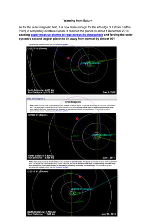 Warning from Saturn

As for the outer magnetic field, it is now close enough for the left edge of it (from Earth's
POV) to completely overtake Saturn. It reached the planet on about 1 December 2010,
causing super-massive storms to rage across its atmosphere and forcing the solar
system's second largest planet to tilt away from normal by almost 90!
 