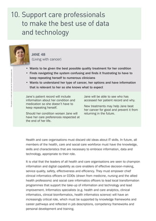 10.	Support care professionals
to make the best use of data
and technology
Health and care organisations must discard old ideas about IT skills. In future, all
members of the health, care and social care workforce must have the knowledge,
skills and characteristics that are necessary to embrace information, data and
technology, appropriate to their role.
It is vital that the leaders of all health and care organisations are seen to champion
information and digital capability as core enablers of effective decision-making,
service quality, safety, effectiveness and efficiency. They must empower chief
clinical informatics officers or CCIOs (drawn from medicine, nursing and the allied
health professions) and social care informatics officers to lead local transformation
programmes that support the take-up of information and technology and lead
improvement. Informatics specialists (e.g. health and care analytics, clinical
informatics, clinical bioinformatics, health informatics science) will have an
increasingly critical role, which must be supported by knowledge frameworks and
career pathways and reflected in job descriptions, competency frameworks and
personal development and training.
JANE 48
(Living with cancer)
•	 Wants to be given the best possible quality treatment for her condition
•	 Finds navigating the system confusing and finds it frustrating to have to
keep repeating herself to numerous clinicians
•	 Wants to understand her type of cancer, her options and have information
that is relevant to her so she knows what to expect
Jane’s patient record will include
information about her condition and
medication so she doesn’t have to
keep repeating herself.
Should her condition worsen Jane will
have her care preferences respected at
the end of her life.
Jane will be able to see who has
accessed her patient record and why.
New treatments may help Jane beat
her cancer for good and prevent it from
returning in the future.
Thispersonisamodelandusedhereforillustrativepurposesonly.
 