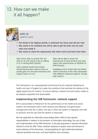 12.	How can we make
it all happen?
This framework is an unprecedented commitment by the national leadership of
health and care in England to create the conditions that prioritise the delivery of the
digital opportunity for citizens. To ensure delivery, national and local action needs to
be properly supported and accountable.
Implementing the NIB framework: national support
DH is accountable to Parliament for the performance of the health and social
system; the framework within which services are delivered; the governance
arrangements that are in place; the way in which the system is regulated and held
to account; and the way that the system is resourced.
DH has appointed an informatics accountable officer (IAO) to have specific
responsibilities in relation to the provision of information technology, the use of data
and implementation of the NIB framework. It has also appointed a national information
director to chair the NIB. These initiatives represent a system-wide commitment to
ensure delivery of this framework, including getting the right relationship between
national standards and drive, and local freedoms and innovation.
KATE 25
(Josh’s mum)
•	 Her family is her highest priority, in particular her three year-old son Josh
•	 She wants to be confident she will be able to get the best care for Josh
when she needs it
•	 She wants to share her experiences with other mums and learn from them
Kate will be able to quickly find out
what to do and where to go by calling
111 or visiting NHS Choices.
Josh’s patient record will include
everything clinicians need to know to
quickly give him the best treatment and
support when he is ill.
Kate will be able to share her
experiences of local services and read
about their performance on MyNHS on
NHS Choices.
Intelligence from linked data will better
inform clinicians of the risks associated
with different treatment options, should
Josh need it.
Thispersonisamodelandusedhereforillustrativepurposesonly.
 