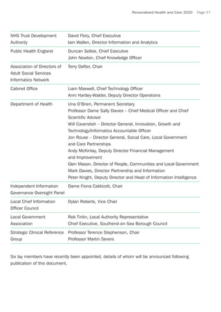 Personalised Health and Care 2020 Page 57
NHS Trust Development 	 David Flory, Chief Executive
Authority 	 Iain Wallen, Director Information and Analytics
Public Health England 	 Duncan Selbie, Chief Executive
	 John Newton, Chief Knowledge Officer
Association of Directors of 	 Terry Dafter, Chair
Adult Social Services	
Informatics Network 	
Cabinet Office 	 Liam Maxwell, Chief Technology Officer
	 Anni Hartley-Walder, Deputy Director Operations
Department of Health 	 Una O’Brien, Permanent Secretary
	 Professor Dame Sally Davies – Chief Medical Officer and Chief
	 Scientific Advisor
	 Will Cavendish – Director General, Innovation, Growth and
	 Technology/Informatics Accountable Officer
	 Jon Rouse – Director General, Social Care, Local Government
	 and Care Partnerships
	 Andy McKinlay, Deputy Director Financial Management
	 and Improvement
	 Glen Mason, Director of People, Communities and Local Government
	 Mark Davies, Director Partnership and Information
	 Peter Knight, Deputy Director and Head of Information Intelligence
Independent Information 	 Dame Fiona Caldicott, Chair
Governance Oversight Panel 	
Local Chief Information 	 Dylan Roberts, Vice Chair
Officer Council 	
Local Government 	 Rob Tinlin, Local Authority Representative
Association 	 Chief Executive, Southend-on-Sea Borough Council
Strategic Clinical Reference 	 Professor Terence Stephenson, Chair
Group 	 Professor Martin Severs
Six lay members have recently been appointed, details of whom will be announced following
publication of this document.
 