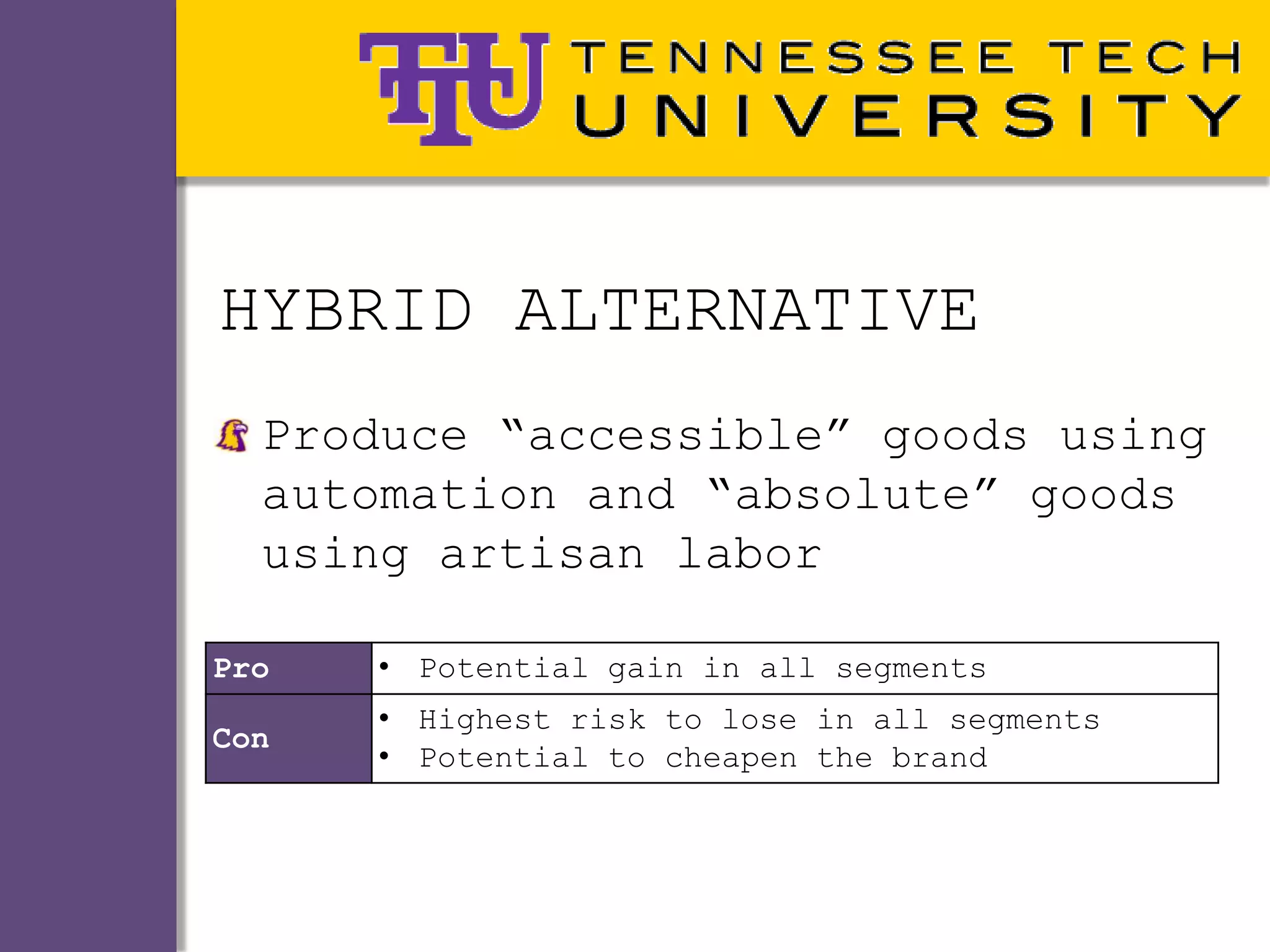 HYBRID ALTERNATIVE
  Produce “accessible” goods using
  automation and “absolute” goods
  using artisan labor

Pro   • Potential gain in all segments
      • Highest risk to lose in all segments
Con
      • Potential to cheapen the brand
 
