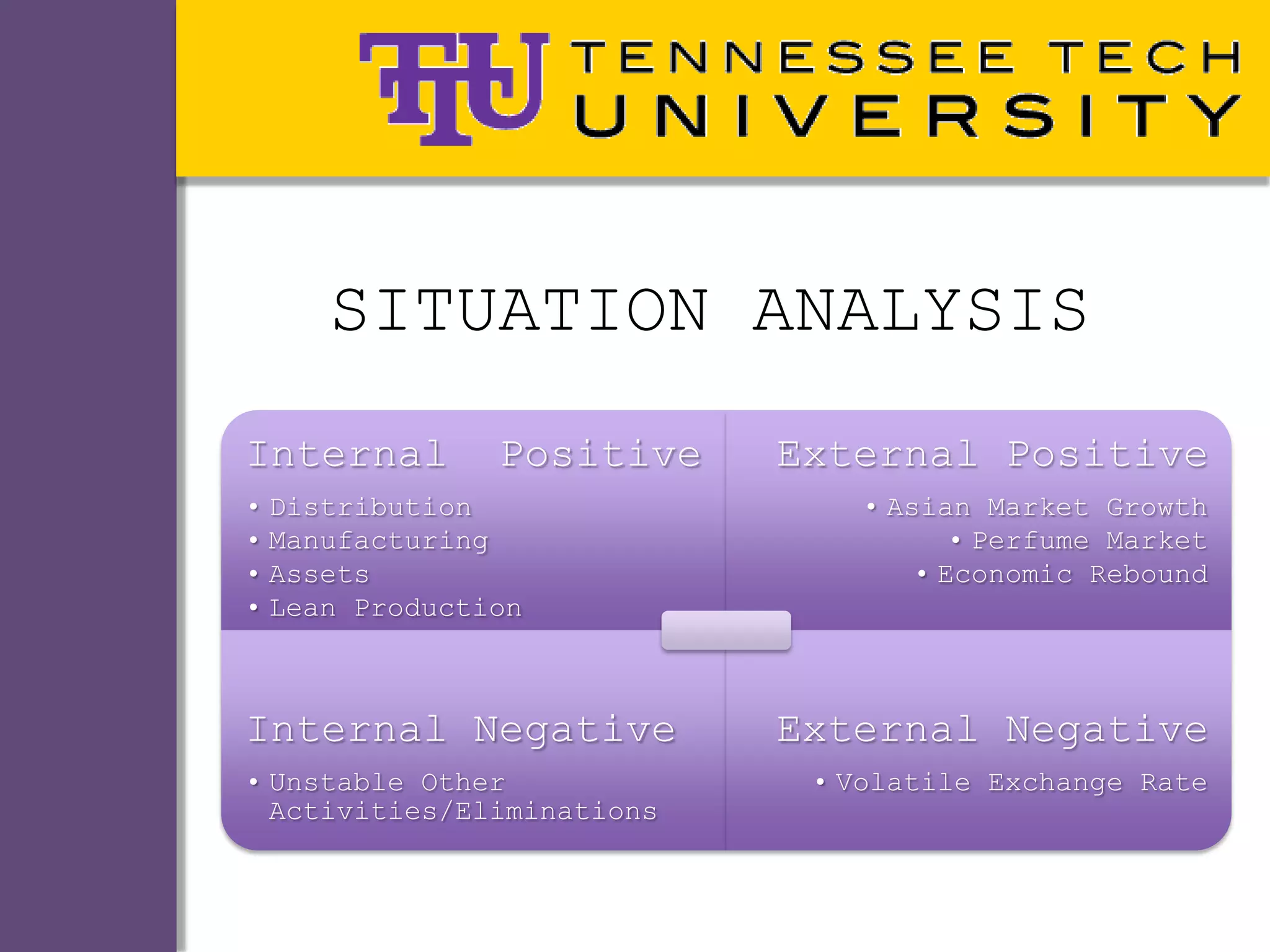 SITUATION ANALYSIS
Internal       Positive     External Positive
• Distribution                  • Asian Market Growth
• Manufacturing                        • Perfume Market
• Assets                            • Economic Rebound
• Lean Production



Internal Negative           External Negative
• Unstable Other             • Volatile Exchange Rate
  Activities/Eliminations
 