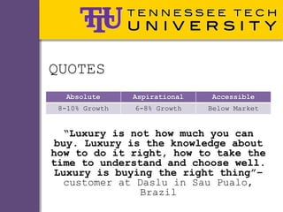 QUOTES
  Absolute      Aspirational   Accessible
 8-10% Growth   6-8% Growth    Below Market


   “Luxury is not how much you can
 buy. Luxury is the knowledge about
how to do it right, how to take the
time to understand and choose well.
 Luxury is buying the right thing”–
   customer at Daslu in Sau Pualo,
                Brazil
 