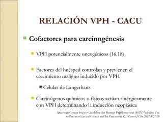 RELACIÓN VPH - CACU Cofactores para carcinogénesis VPH potencialmente oncogénicos (16,18) Factores del huésped controlan y previenen el crecimiento maligno inducido por VPH Células de Langerhans Carcinógenos químicos o físicos actúan sinérgicamente con VPH determinando la inducción neoplásica American Cancer Society Guideline for Human Papillomavirus (HPV) Vaccine Use to Prevent Cervical Cancer and Its Precursors  CA Cancer J Clin 2007;57;7-28 