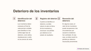 Deterioro de los inventarios
1 Identificación del
deterioro
Los inventarios deben
evaluarse al final de
cada período contable
para identificar si han
sufrido algún tipo de
deterioro, como daños,
obsolescencia o caída
en los precios de venta.
2 Registro del deterioro
Cuando se identifica un
deterioro, se debe
reducir el valor en libros
de los inventarios y
reconocer una pérdida
por deterioro en el
estado de resultados.
3 Reversión del
deterioro
En algunos casos, el
valor de los inventarios
puede recuperarse si las
circunstancias que
causaron el deterioro
han cambiado. En ese
caso, se debe revertir la
pérdida por deterioro
reconocida previamente.
 