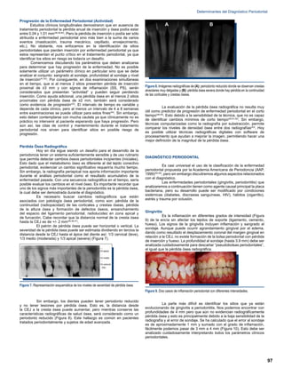 Progresión de la Enfermedad Periodontal (Actividad)
Estudios clínicos longitudinales demostraron que en ausencia de
tratamiento periodontal la pérdida anual de inserción y ósea podía estar
entre 0.04 y 1.01 mm(38,39,40)
. Pero la pérdida de inserción o podía ser sólo
atribuida a enfermedad periodontal sino más bien a la suma de varios
eventos (masticación, trauma mecánico, cepillado, envejecimiento,
etc.). No obstante, nos enfocamos en la identificación de sitios
periodontales que pierden inserción por enfermedad periodontal ya que
estos representan el punto crítico en el tratamiento periodontal, ya que
identificar los sitios en riesgo es todavía un desafío.
Comencemos discutiendo los parámetros que deben analizarse
para determinar que hay progresión de la enfermedad. No es posible
solamente utilizar un parámetro clínico en particular sino que se debe
analizar el conjunto: sangrado al sondaje, profundidad al sondaje y nivel
de inserción(41,42)
. Por consiguiente, en dos examinaciones simultaneas
en el tiempo, que si al menos 2 sitios presenten pérdida de inserción
proximal de ≥3 mm y con signos de inflamación (SS, PS), serán
considerados que presentan “actividad” y pueden seguir perdiendo
inserción. Como ayuda adicional, una pérdida ósea en al menos 2 sitios
proximales con pérdida ósea de ≥2 mm, también será considerado
como evidencia de progresión(43)
. El intervalo de tiempo es variable y
depende de cada clínico, pero al menos un intervalo de 4 a 8 semanas
entre examinaciones se puede utilizar para estos fines(44)
. Sin embargo,
esto deben contemplarse con mucha cautela ya que clínicamente no es
práctico no intervenir al paciente esperando que haya progresión. Pero
aún así, las citas de control y mantenimiento durante el tratamiento
periodontal nos sirven para identificar sitios en posible riesgo de
progresión.
Pérdida Ósea Radiográfica
Hoy en día sigue siendo un desafío para el desarrollo de la
periodoncia tener un sistema suficientemente sensible y de uso rutinario
que permita detectar cambios óseos periodontales incipientes (iniciales).
Esto dado que el metabolismo óseo es diferente al del tejido conectivo
periodontal, evidenciar un cambio significativo requeriría mucho tiempo.
Sin embargo, la radiografía periapical nos aporta información importante
durante el análisis periodontal como el resultado acumulativo de la
enfermedad pasada. Con una secuencia radiográfica en el tiempo, sería
posible evaluar los cambios en el nivel óseo. Es importante recordar que
uno de los signos más importantes de la periodontitis es la pérdida ósea,
la cual debe ser demostrada durante el diagnóstico.
Es necesario buscar cambios radiográficos que están
asociados con patología ósea periodontal, como son: pérdida de la
continuidad (radiopacidad) de las corticales y crestas óseas, pérdida
de la altura ósea y formación de defectos óseos, ensanchamiento
del espacio del ligamento periodontal, radiolucidez en zona apical y
de furcación. Cabe recordar que la distancia normal de la cresta ósea
hasta la CEJ es de +/- 2 mm(45,46,47)
.
El patrón de pérdida ósea puede ser horizontal o vertical. La
severidad de la pérdida ósea puede ser estimada dividiendo en tercios la
distancia desde la CEJ hasta el ápice del diente así: 1/3 cervical (leve),
1/3 medio (moderada) y 1/3 apical (severa) (Figura 7).
Sin embargo, los dientes pueden tener periodonto reducido
y no tener lesiones por pérdida ósea. Esto es, la distancia desde
la CEJ a la cresta ósea puede aumentar, pero mientras conserve las
características radiográficas de salud ósea, será considerado como un
periodonto reducido (Figura 8). Este hallazgo es común en pacientes
tratados periodontalmente y sujetos de edad avanzada.
La evaluación de la pérdida ósea radiográfica no resulta muy
útil como predictor de progresión de enfermedad periodontal en el corto
tiempo(48,49)
. Esto debido a la sensibilidad de la técnica, que no es capaz
de identificar cambios mínimos de corto tiempo(50,51,52)
. Sin embargo,
técnicas computarizadas como la radiografía por substracción, permite
comparar los niveles de densidad ósea entre dos radiografías(53)
. Hoy
es posible utilizar técnicas radiográficas digitales con software de
procesamiento que ayudan a mejorar la imagen, permitiendo hacer una
mejor definición de la magnitud de la pérdida ósea.
DIAGNÓSTICO PERIODONTAL
Es casi universal el uso de la clasificación de la enfermedad
periodontal propuesta por la Academia Americana de Periodoncia (AAP,
1999)(54,55)
, pero sin embargo discutiremos algunos aspectos relacionados
con el diagnóstico.
Las enfermedades periodontales (gingivitis, periodontitis) que
analizaremos a continuación tienen como agente causal principal la placa
bacteriana, pero su desarrollo puede ser modificado por condiciones
sistémicas (diabetes, discrasias sanguíneas, HIV), hábitos (cigarrillo),
estrés y trauma por oclusión.
Gingivitis
Es la inflamación en diferentes grados de intensidad (Figura
9) de la encía sin afectar los tejidos de soporte (ligamento, cemento,
hueso). Los signos de la gingivitis incluyen inflamación y sangrado al
sondaje. Aunque puede ocurrir agrandamiento gingival por el edema,
dando como resultado el desplazamiento coronal del margen gingival en
relación a la CEJ, no existe formación de la bolsa periodontal con pérdida
de inserción y hueso. La profundidad al sondaje (hasta 3.9 mm) debe ser
analizada cuidadosamente para descartar “pseudobolsas periodontales”,
al igual que la pérdida ósea radiográfica.
La parte más difícil es identificar los sitios que ya están
evolucionando de gingivitis a periodontitis. Nos podemos encontrar con
profundidades de 4 mm pero que aún no evidencian radiográficamente
pérdida ósea y esto es principalmente debido a la baja sensibilidad de la
radiografía y al error de sondaje. Se ha calculado que el error al sondaje
es de aproximadamente 1 mm y sumado con el grado de inflamación,
fácilmente podemos pasar de 3 mm a 4 mm (Figura 10). Esto debe ser
analizado cuidadosamente interpretando todos los parámetros clínicos
periodontales.
Figura 8. Imágenes radiográficas de (A): periodonto reducido donde se observan crestas
alveolares muy delgadas y (B): pérdida ósea severa donde hay pérdida en la continuidad
de las corticales y crestas óseas.
Figura 9. Dos casos de inflamación periodontal con diferentes intensidades.
Figura 7. Representación esquemática de los niveles de severidad de pérdida ósea.
97
Determinantes del Díagnóstico Periodontal
 