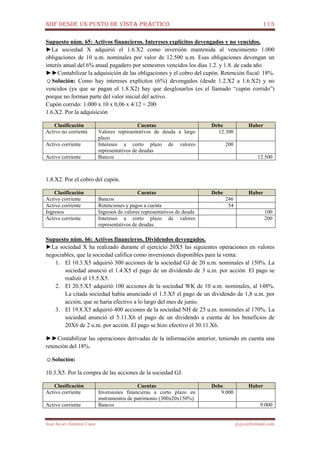 NIIF DESDE UN PUNTO DE VISTA PRÁCTICO 113
José Javier Jiménez Cano jjyjcs@hotmail.com
Supuesto núm. 65: Activos financieros. Intereses explícitos devengados y no vencidos.
►La sociedad X adquirió el 1.6.X2 como inversión mantenida al vencimiento 1.000
obligaciones de 10 u.m. nominales por valor de 12.500 u.m. Esas obligaciones devengan un
interés anual del 6% anual pagadero por semestres vencidos los días 1.2. y 1.8. de cada año
►►Contabilizar la adquisición de las obligaciones y el cobro del cupón. Retención fiscal: 18%.
☺Solución: Como hay intereses explícitos (6%) devengados (desde 1.2.X2 a 1.6.X2) y no
vencidos (ya que se pagan el 1.8.X2) hay que desglosarlos (es el llamado “cupón corrido”)
porque no forman parte del valor inicial del activo.
Cupón corrido: 1.000 x 10 x 0,06 x 4/12 = 200
1.6.X2. Por la adquisición
Clasificación Cuentas Debe Haber
Activo no corriente Valores representativos de deuda a largo
plazo
12.300
Activo corriente Intereses a corto plazo de valores
representativos de deudas
200
Activo corriente Bancos 12.500
1.8.X2. Por el cobro del cupón.
Clasificación Cuentas Debe Haber
Activo corriente Bancos 246
Activo corriente Retenciones y pagos a cuenta 54
Ingresos Ingresos de valores representativos de deuda 100
Activo corriente Intereses a corto plazo de valores
representativos de deudas.
200
Supuesto núm. 66: Activos financieros. Dividendos devengados.
►La sociedad X ha realizado durante el ejercicio 20X5 las siguientes operaciones en valores
negociables, que la sociedad califica como inversiones disponibles para la venta:
1. El 10.3.X5 adquirió 300 acciones de la sociedad GJ de 20 u.m. nominales al 150%. La
sociedad anunció el 1.4.X5 el pago de un dividendo de 3 u.m. por acción. El pago se
realizó el 15.5.X5.
2. El 20.5.X5 adquirió 100 acciones de la sociedad WK de 10 u.m. nominales, al 148%.
La citada sociedad había anunciado el 1.5.X5 el pago de un dividendo de 1,8 u.m. por
acción, que se haría efectivo a lo largo del mes de junio.
3. El 19.8.X5 adquirió 400 acciones de la sociedad NH de 25 u.m. nominales al 170%. La
sociedad anunció el 5.11.X6 el pago de un dividendo a cuenta de los beneficios de
20X6 de 2 u.m. por acción. El pago se hizo efectivo el 30.11.X6.
►►Contabilizar las operaciones derivadas de la información anterior, teniendo en cuenta una
retención del 18%.
☺Solución:
10.3.X5. Por la compra de las acciones de la sociedad GJ.
Clasificación Cuentas Debe Haber
Activo corriente Inversiones financieras a corto plazo en
instrumentos de patrimonio (300x20x150%)
9.000
Activo corriente Bancos 9.000
 